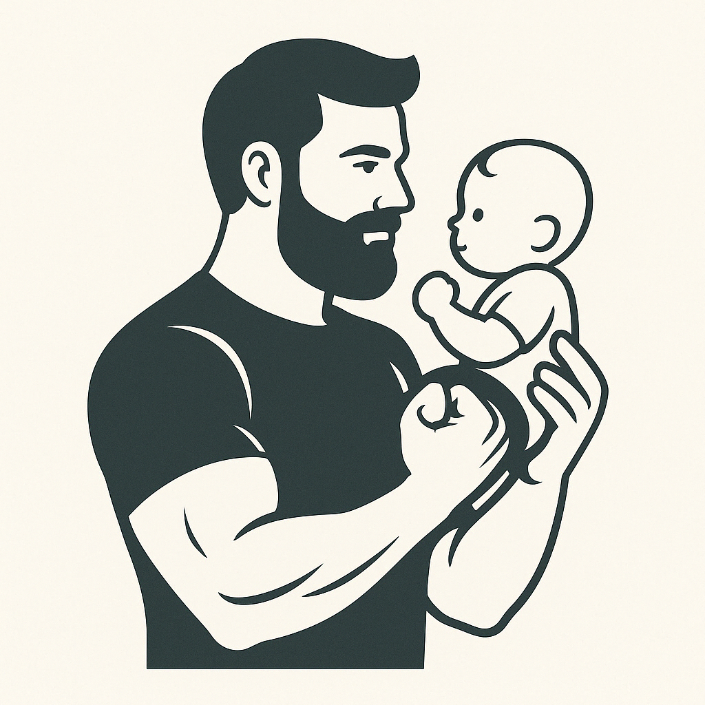 Papas Schnellstartworkouts, Papa hält Baby auf dem Arm und zeigt seinen Bizeps