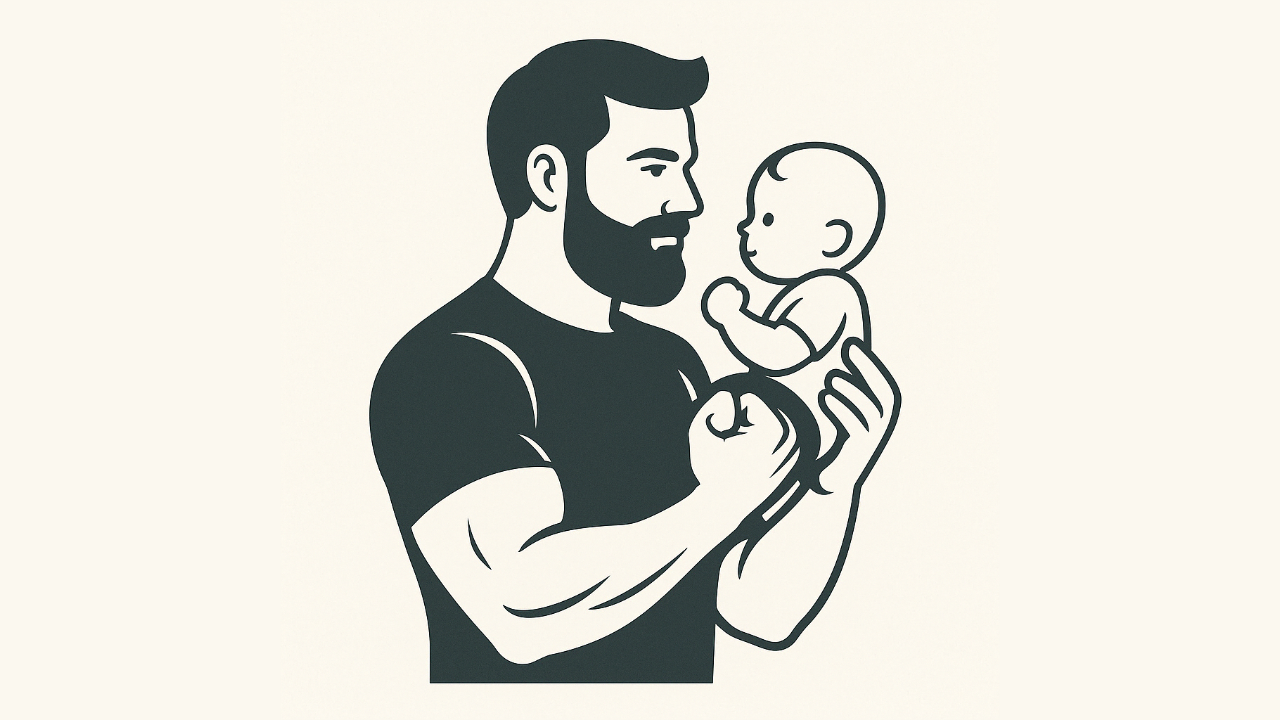 Papas Schnellstartworkouts, Papa hält Baby auf dem Arm und zeigt seinen Bizeps